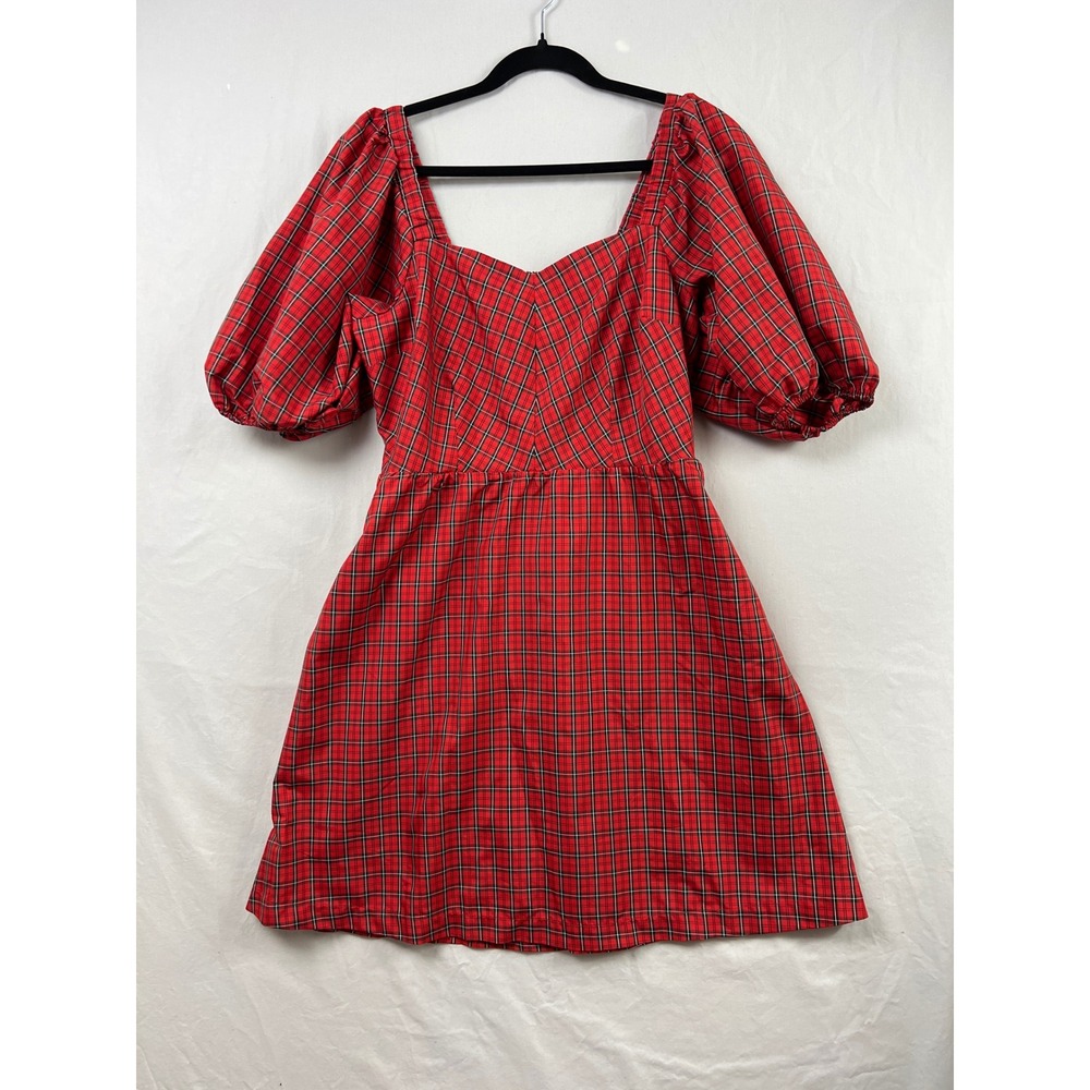 Old Navy Plaid Puff Sleeve Dress Womens M Tall Red Smocked Fit & Flare Pockets